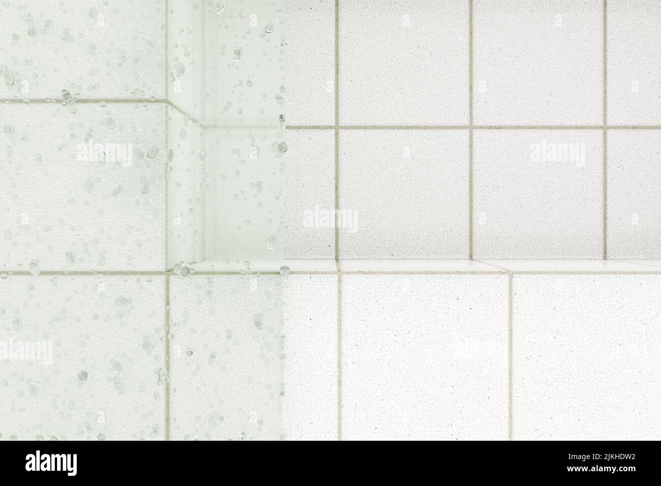 White glossy tiles bathroom background with podium with Stock Photo - Alamy