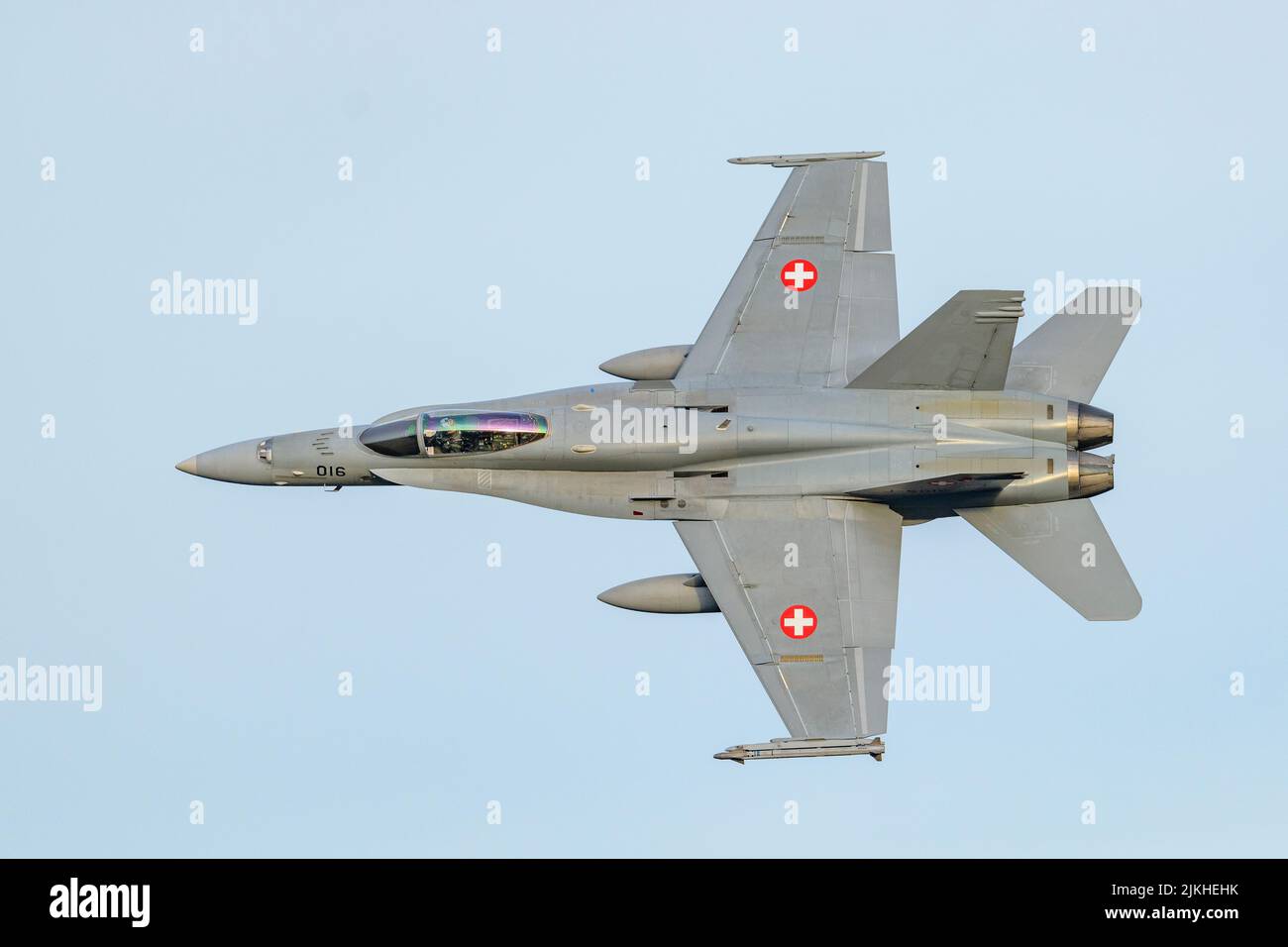 A Swiss Air Force F18 Hornet low level over the Thirlmere Lake District in the UK Stock Photo