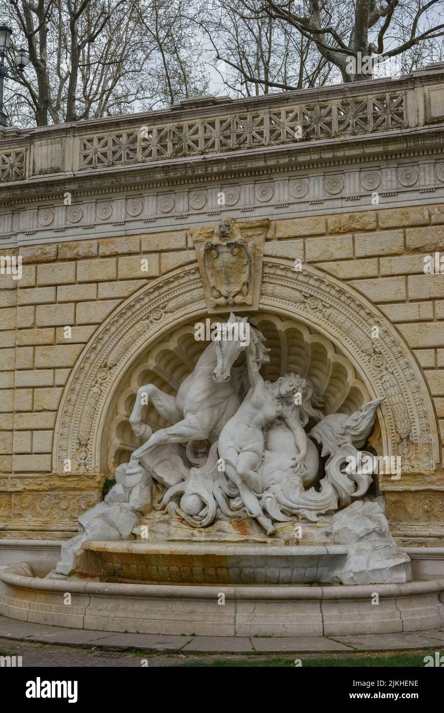 The Fontana Della Ninfa e del Cavallo Marino - the Fountain of Nymph and Seahorse marble sculpture Bologna, Italy, vertical Stock Photo