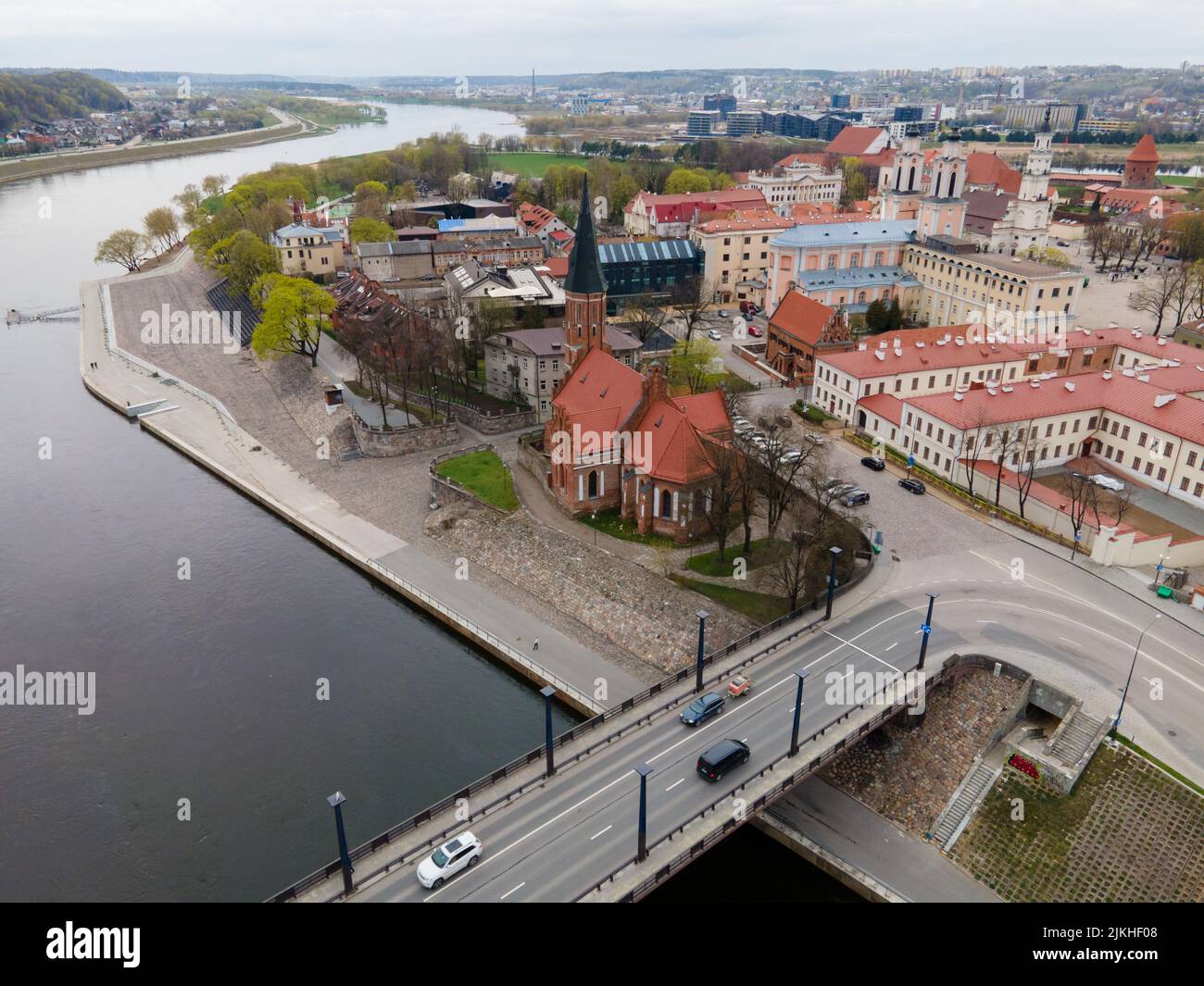 An aerial view of Vytautas the Great Church of the Assumption of the Virgin Mary in Kaunas, Lithuania Stock Photo