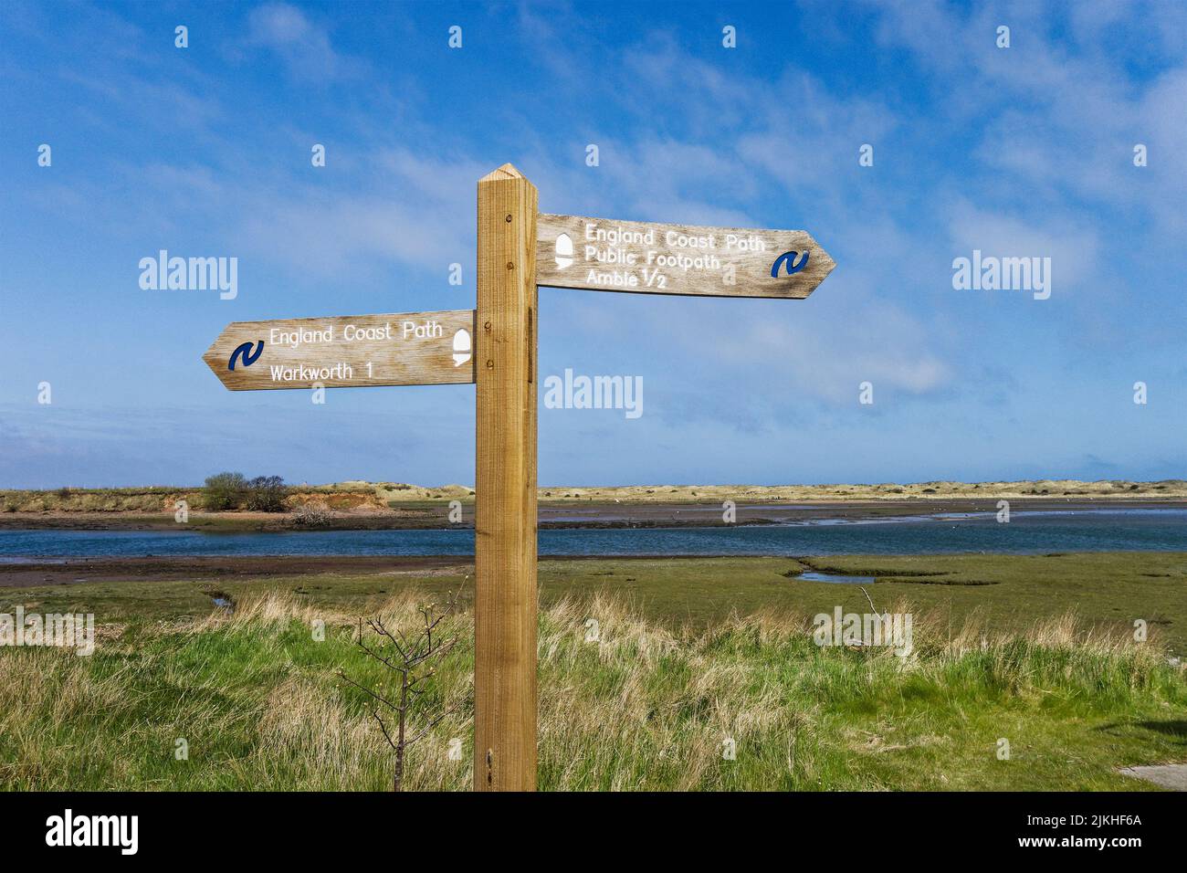 Signpost showing the England Coast Path between Amble and Warkworth in
