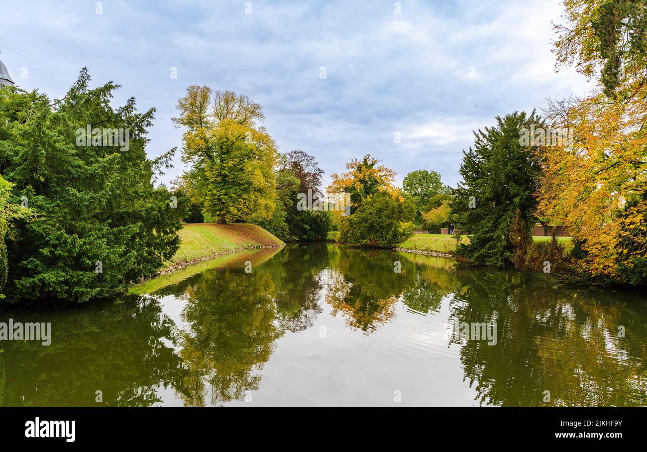 A reflection of green trees in the lake on a blue sky background Stock ...