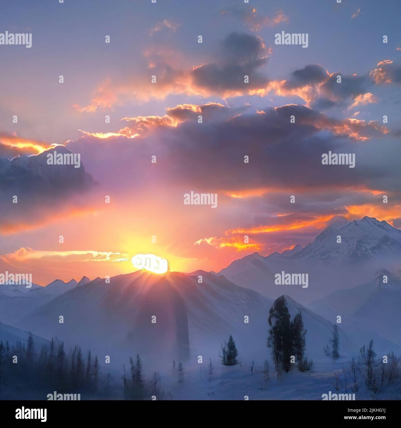 A scenic view of a beautiful sunset above a snowy mountain range Stock ...