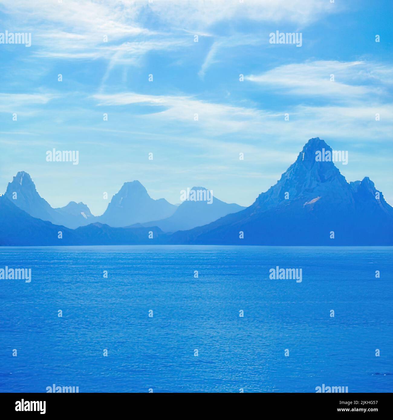 Jkhg The silhouettes of a rocky mountain range covered with forests and snow ...