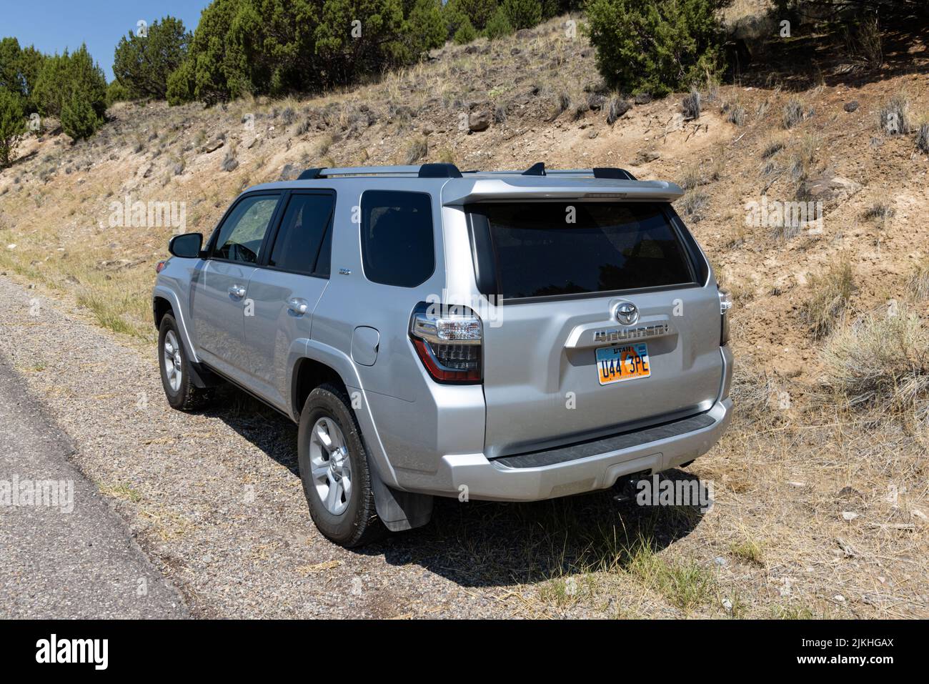 A gray Toyota 4 runner SUV on a mountain drive Stock Photo