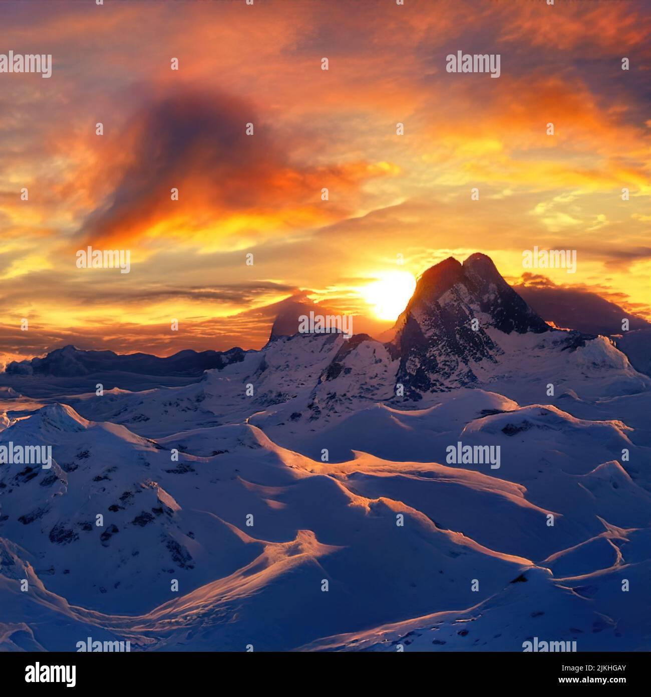 A dramatic sunset with vibrant colors over the snow-capped mountains ...