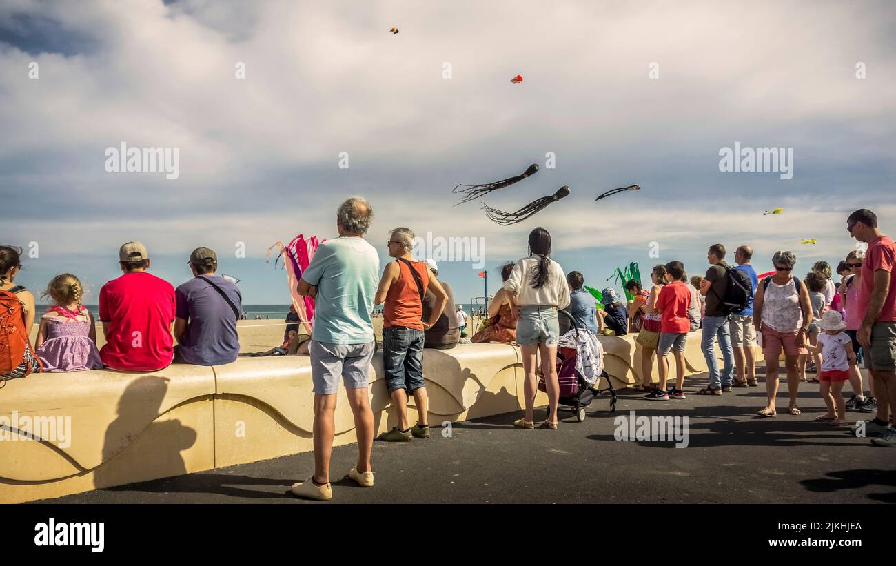 Kites over Narbonne Plage in spring, European competition. Stock Photo