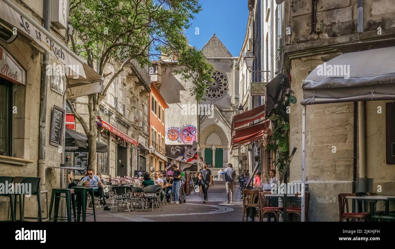 Rue du Petit Saint-Jean in the L'Écusson neighborhood of Montpellier in spring. Stock Photo
