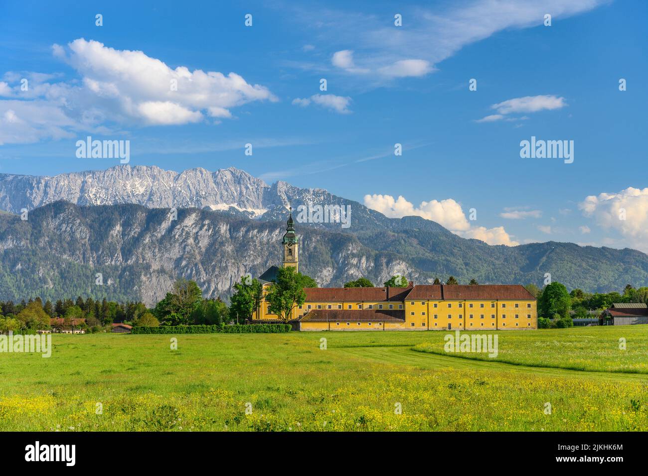 Germany, Bavaria, county Rosenheim, Oberaudorf, monastery Reisach against Kaiser mountains Stock Photo