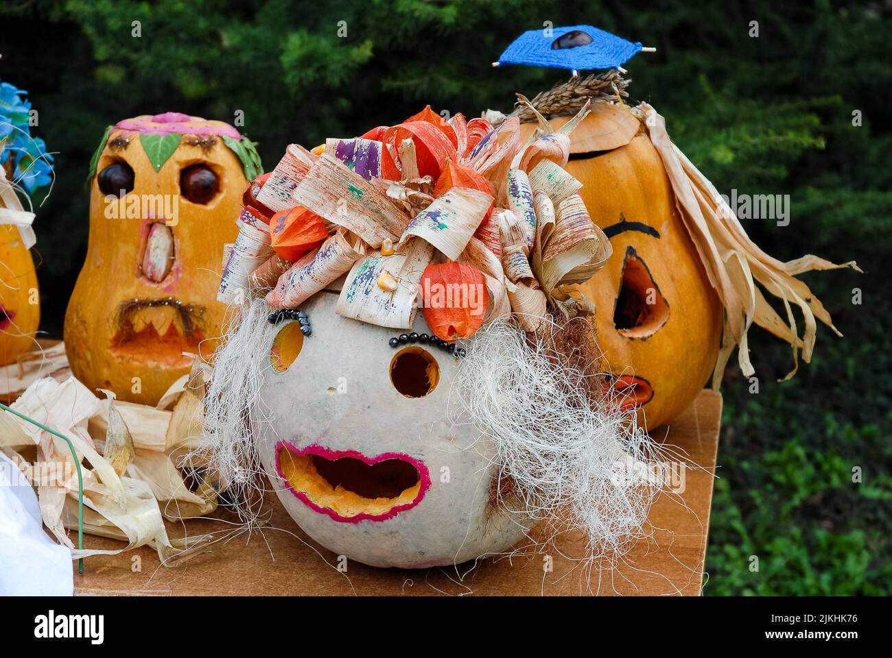 A close-up of funny Halloween pumpkins Stock Photo