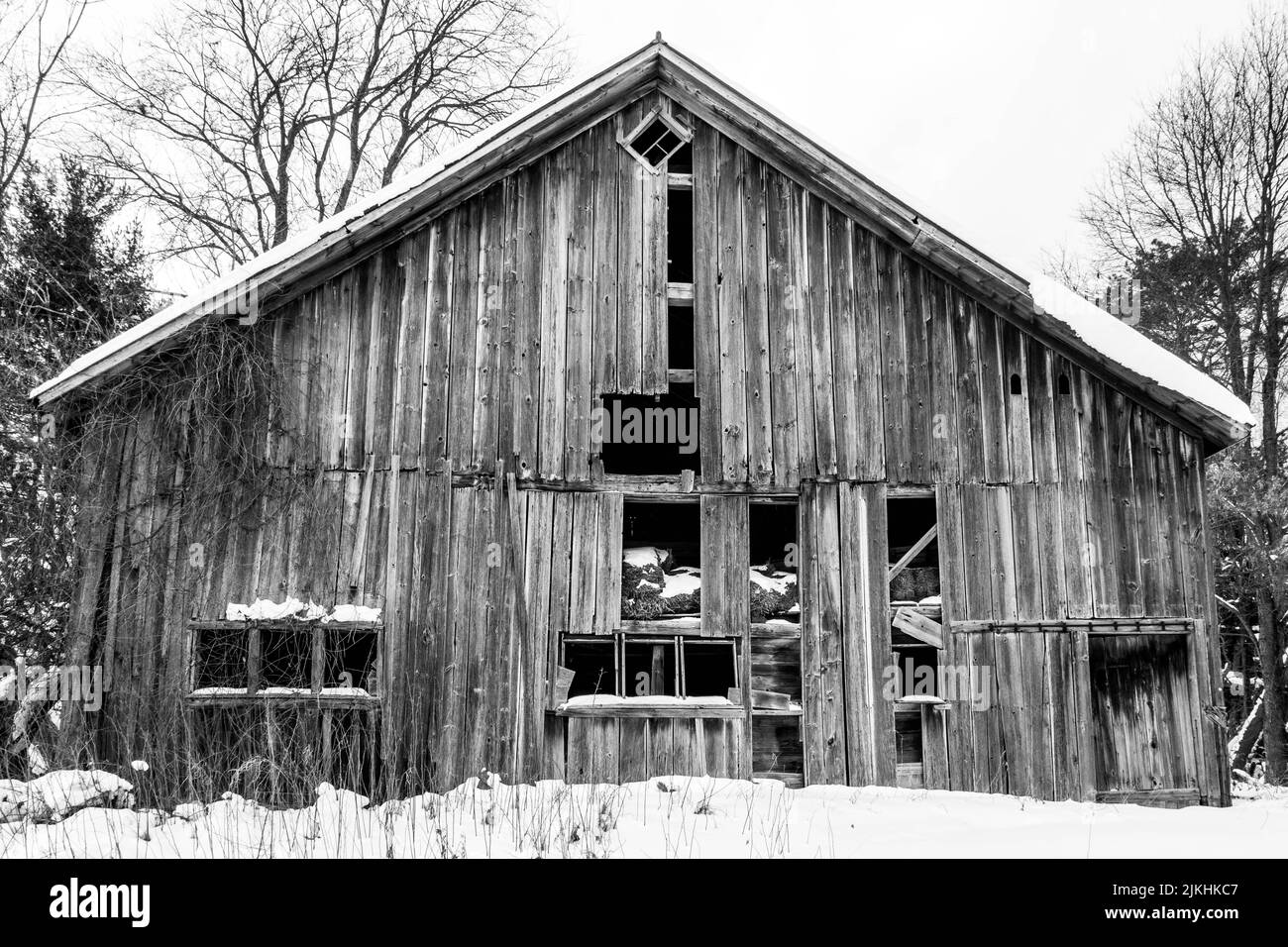 A greyscale shot of an old barn located along US 31 between Ludington