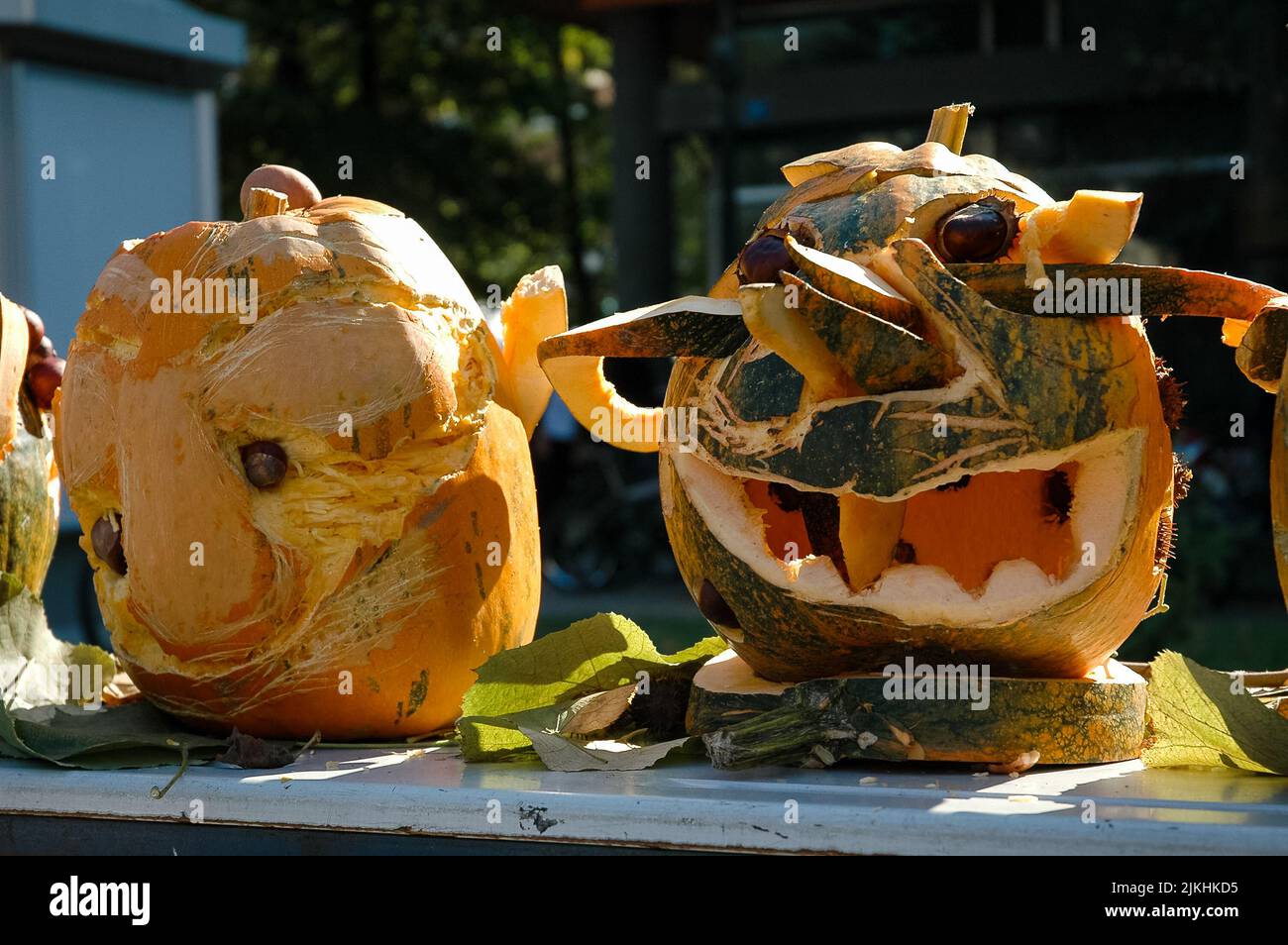 A close-up of funny Halloween pumpkins Stock Photo