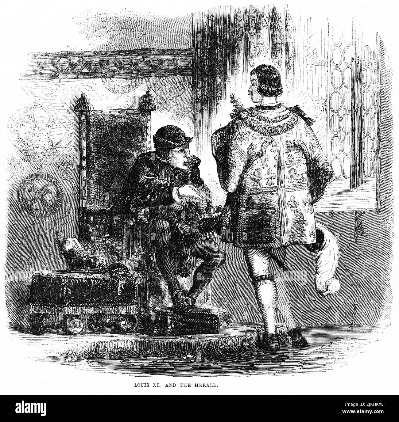 Louis XI and the Herald, Illustration from the Book, 'John Cassel’s Illustrated History of England, Volume II', text by William Howitt, Cassell, Petter, and Galpin, London, 1858 Stock Photo