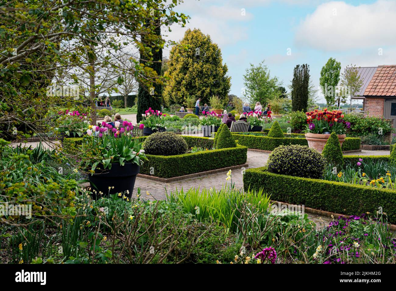RHS Hyde Hall, farmhouse or reading room garden, on a warm spring day. Stock Photo