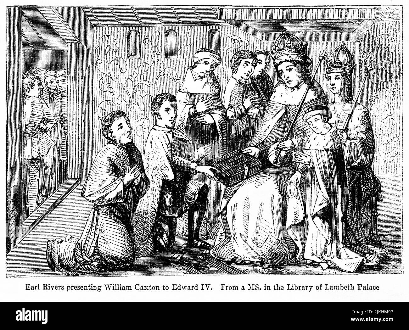 Earl Rivers presenting William Caxton to Edward IV, Illustration from the Book, 'John Cassel’s Illustrated History of England, Volume II', text by William Howitt, Cassell, Petter, and Galpin, London, 1858 Stock Photo