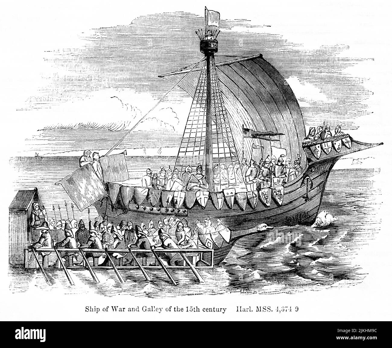Ship of War and Galley of the 15th Century, Illustration from the Book, 'John Cassel’s Illustrated History of England, Volume II', text by William Howitt, Cassell, Petter, and Galpin, London, 1858 Stock Photo