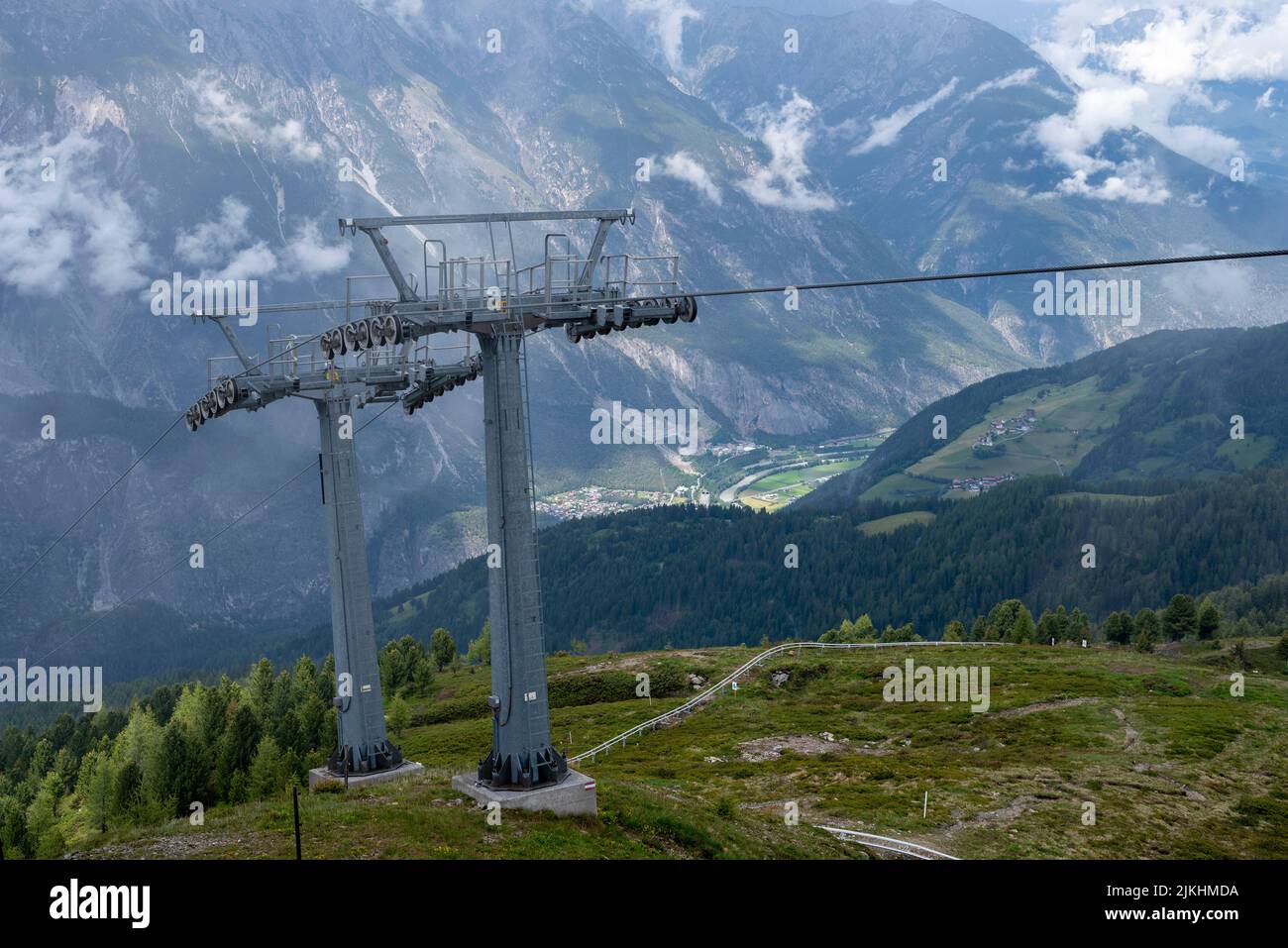 Venet mountain railroad, Krahberg, located on the European long-distance hiking trail E5, Zams, Tyrol, Austria Stock Photo