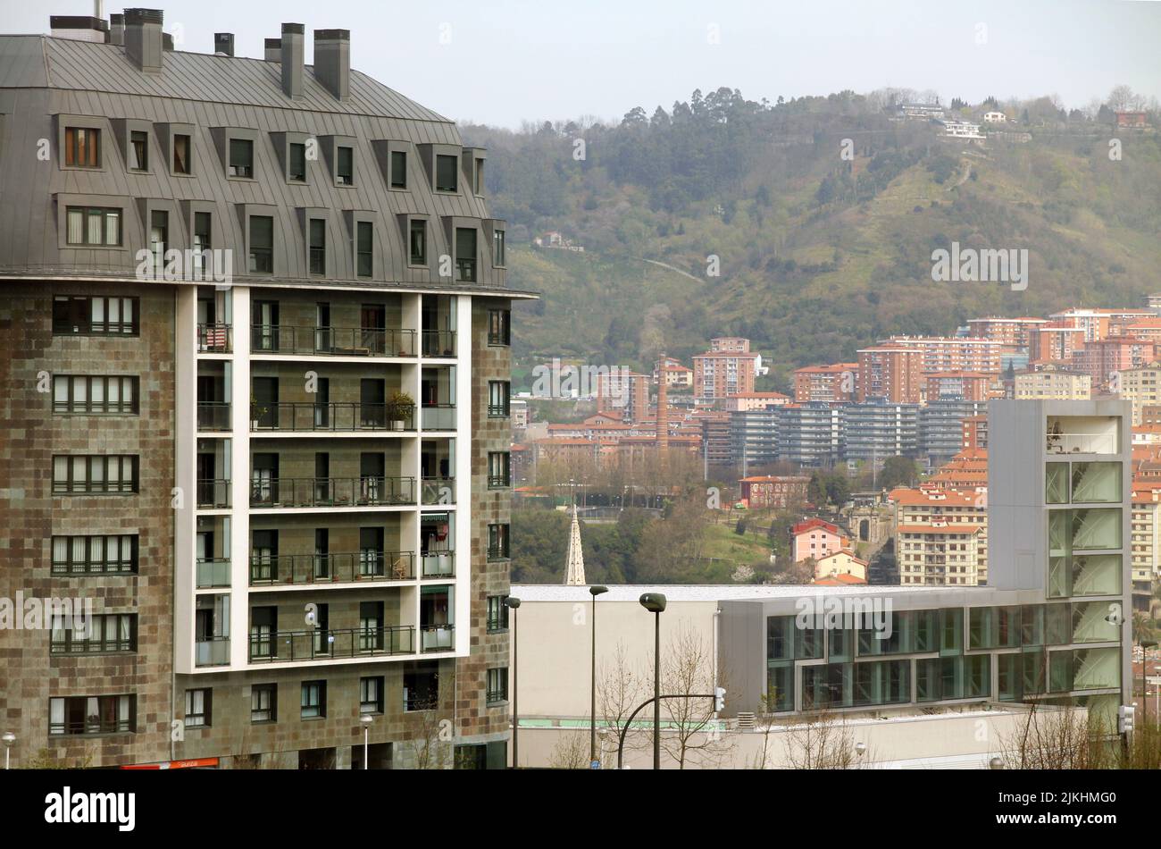 An exterior view of beautiful architectural buildings in Bilbao, Spain ...