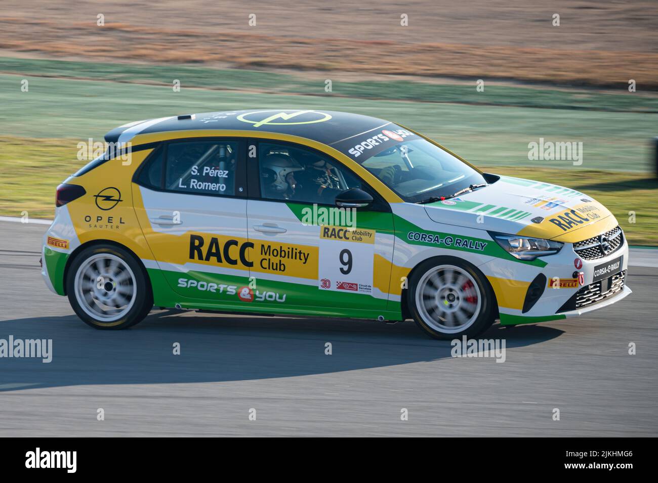 Barcelona, Spain; December 20, 2021: Opel Corsa e-Rally electric Racing car in the track of Montmelo Stock Photo