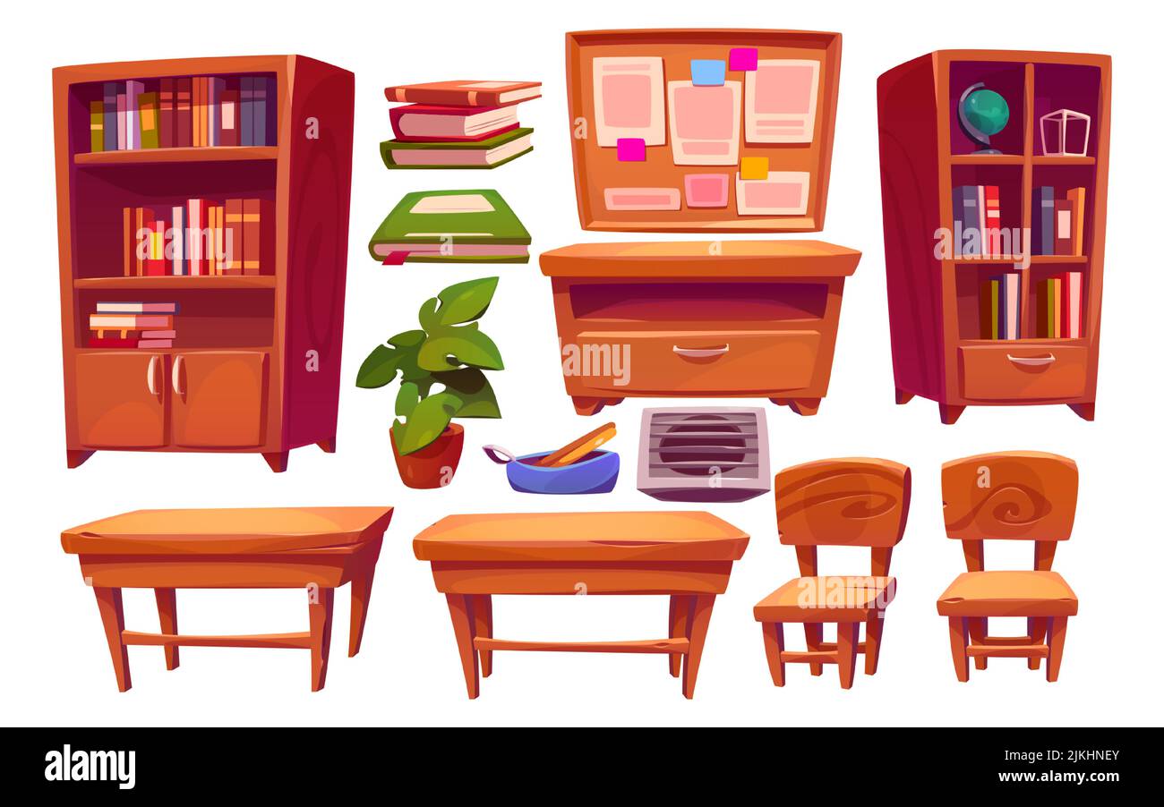 Classroom interior set, school or college class furniture, student desks and chairs, schedule board hanging and books in cupboard, objects of room for studying, Cartoon vector isolated illustration Stock Vector