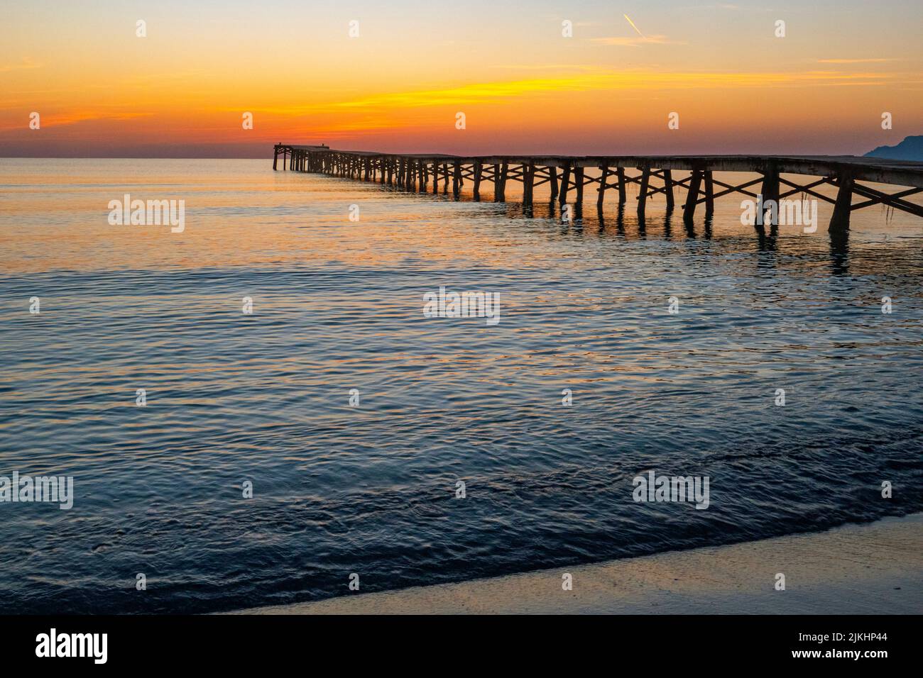 Morning mood at the jetty, Playa de Muro, Alcudia, Mallorca, Balearic Islands, Spain Stock Photo
