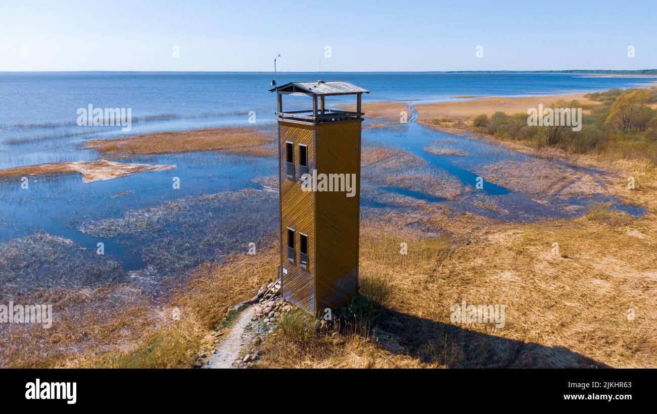 A wooden watchtower at the Vortsjarv lake Stock Photo