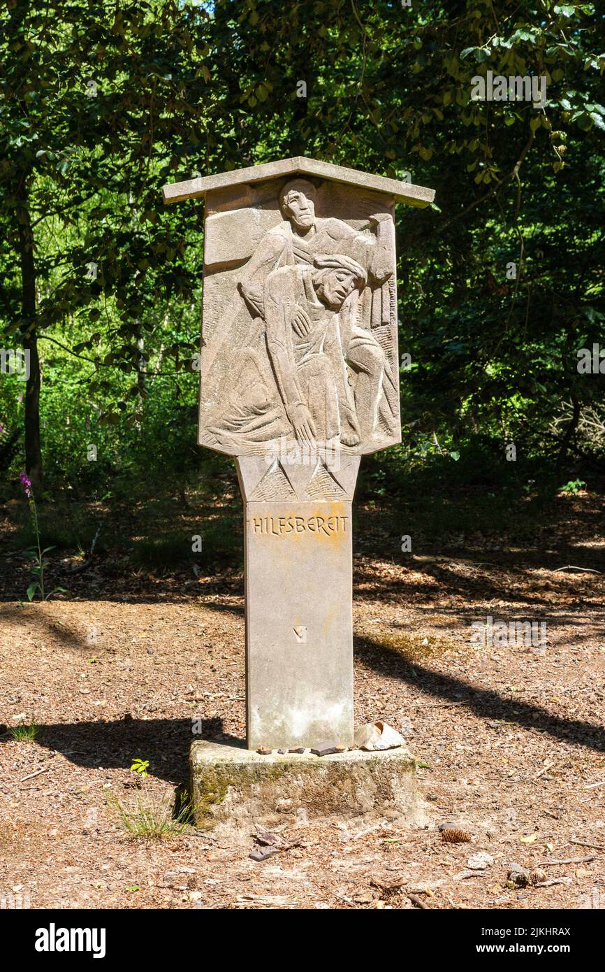 Germany, Coesfeld, Coesfeld-Stevede, Berkel, Baumberge, Muensterland, Westphalia, North Rhine-Westphalia, Huensberg near Stevede in the Coesfeld Heath, Nature Park Hohe Mark Westmuensterland, Steveder Kreuzweg, Stations of the Cross, Station V, wayside shrine by Joseph Krautwald Stock Photo