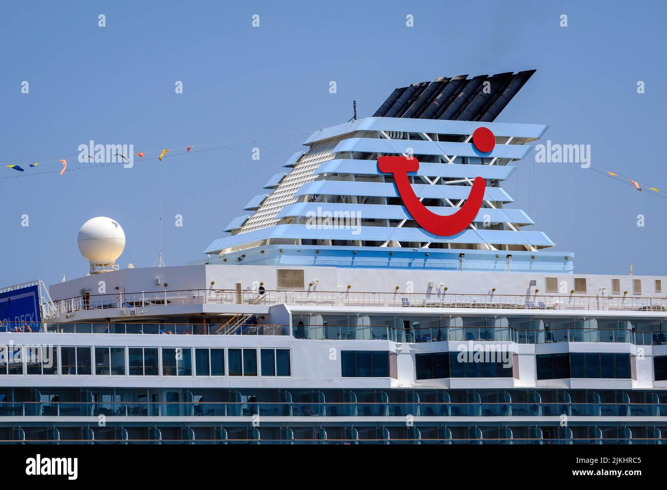 Corfu Town, Corfu, Greece - TUI cruise ship Marella Explorer is moored in the port of Corfu. The 262 meter long ship has a mass of 9, 900 tons. Stock Photo