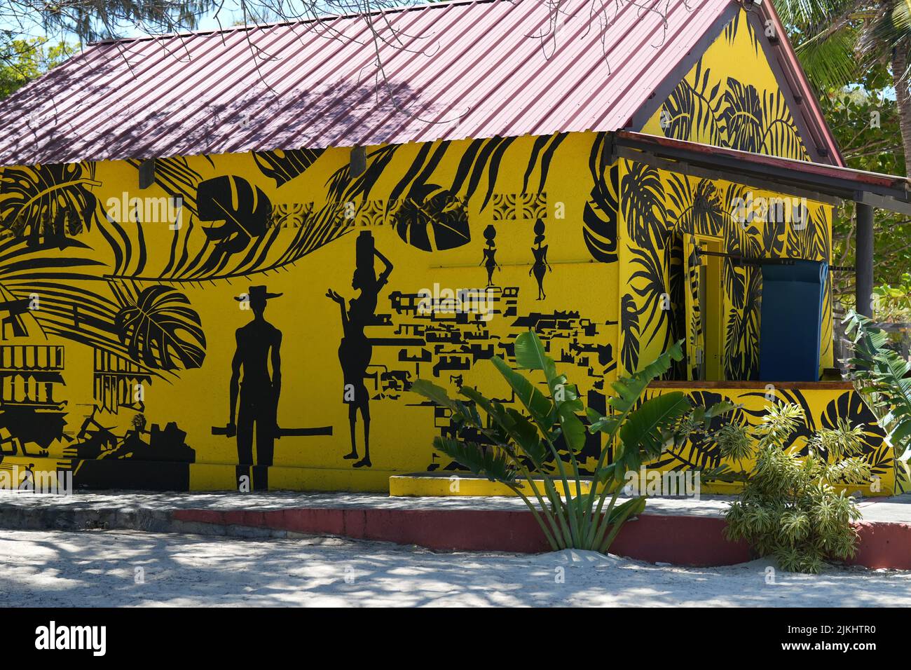 A private island restroom with cool art on the exterior in Labadee, Haiti Stock Photo