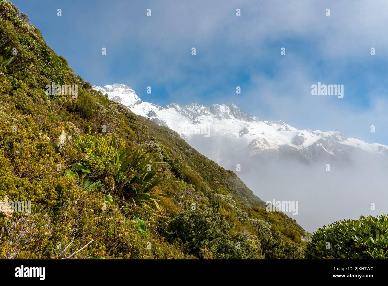 Cloudy view to the Mount Aoraki from Mueller Hut Route, Mount Aoraki National Park, South Island of New Zealand Stock Photo