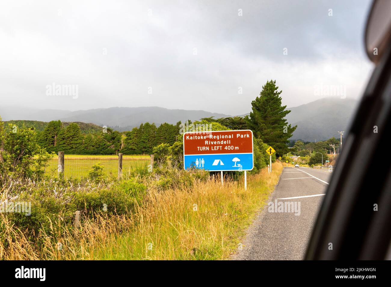 Street sign fo famous film set Rivendell from Lord of the Rings, North Island of New Zealand Stock Photo