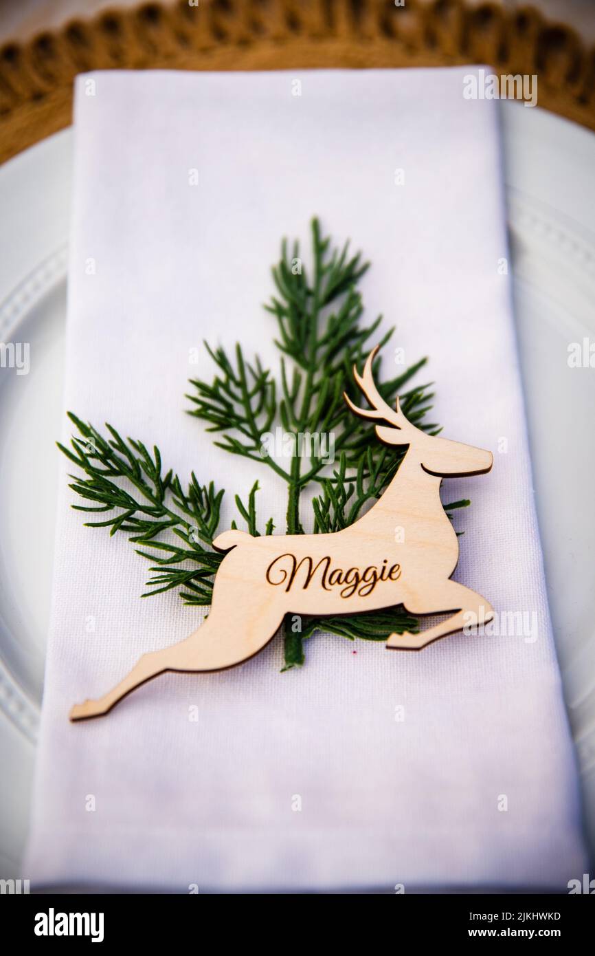 Closeup vertical shot of Christmas plate decoration with a deer and the name Maggie on it and a plant Stock Photo