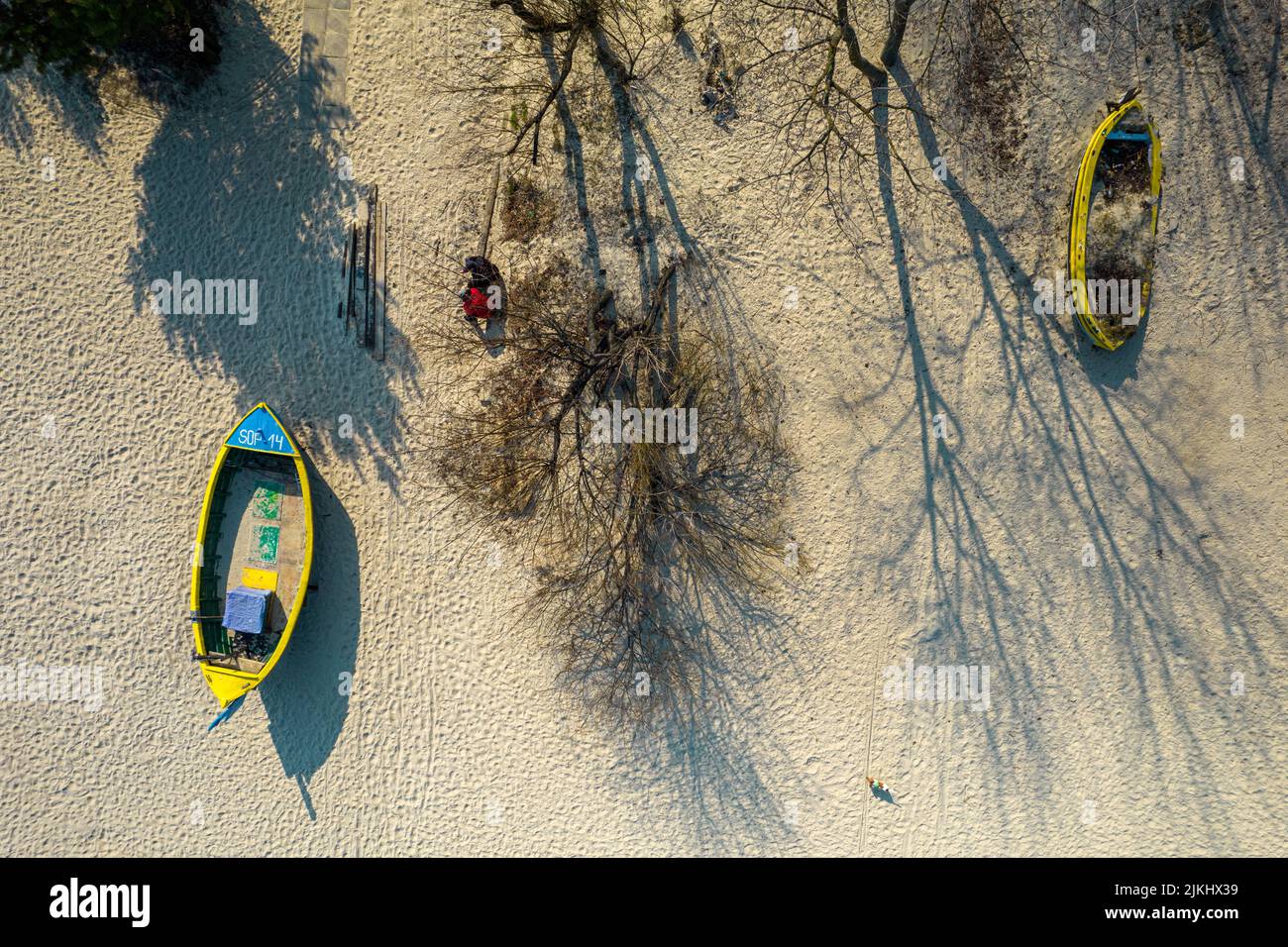 A 90-degree aerial view of the Baltic sea and fishing boats in Sopot, Poland Stock Photo