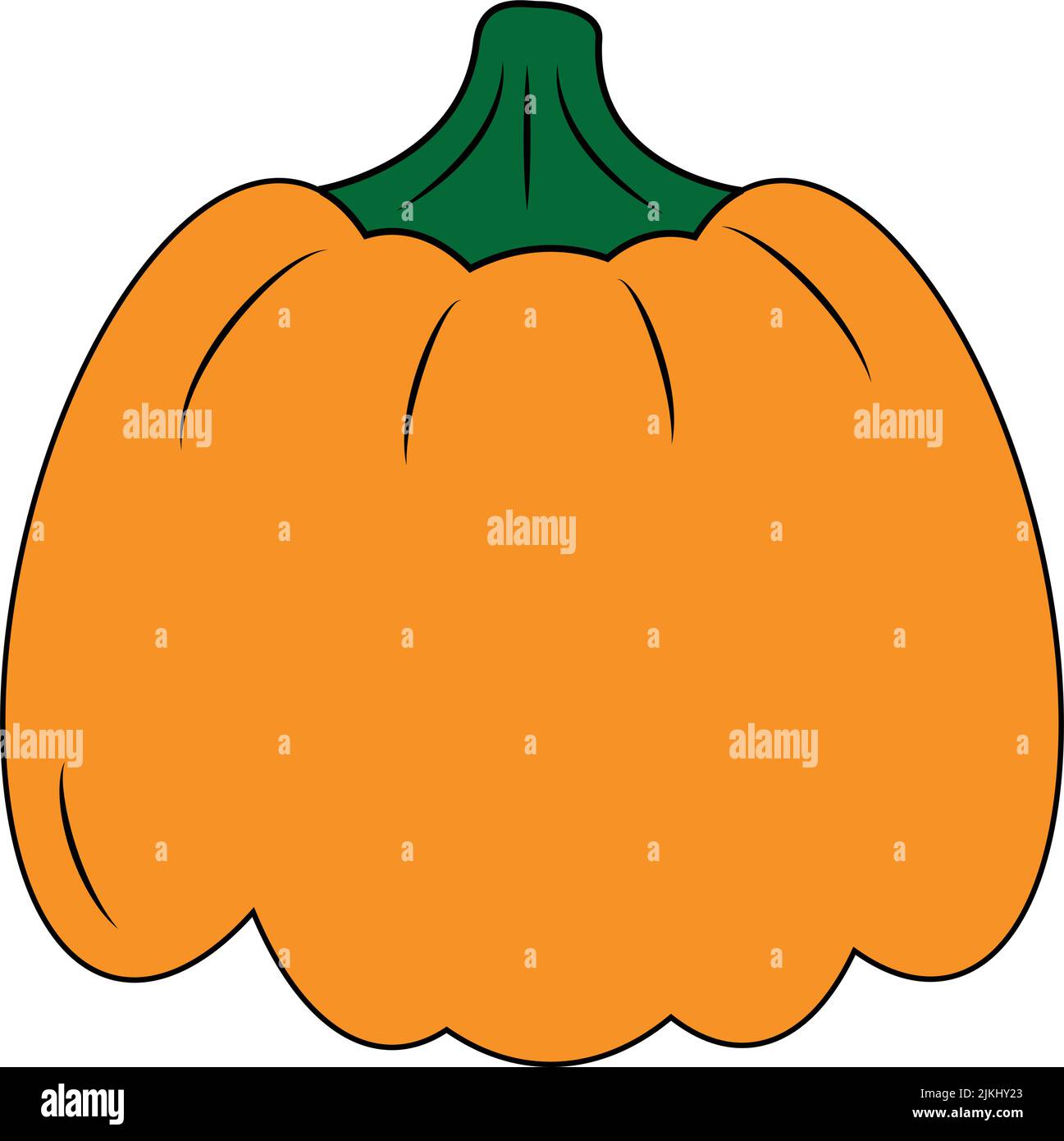 Orange pumpkin as symbol of Halloween holiday in cartoon flat style. Autumn harvest. Design element. Sticker. Isolate.  Stock Vector