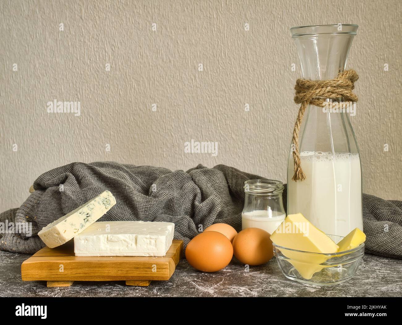 Different dairy products yogurt, cheese, milk and eggs. Watersoluble