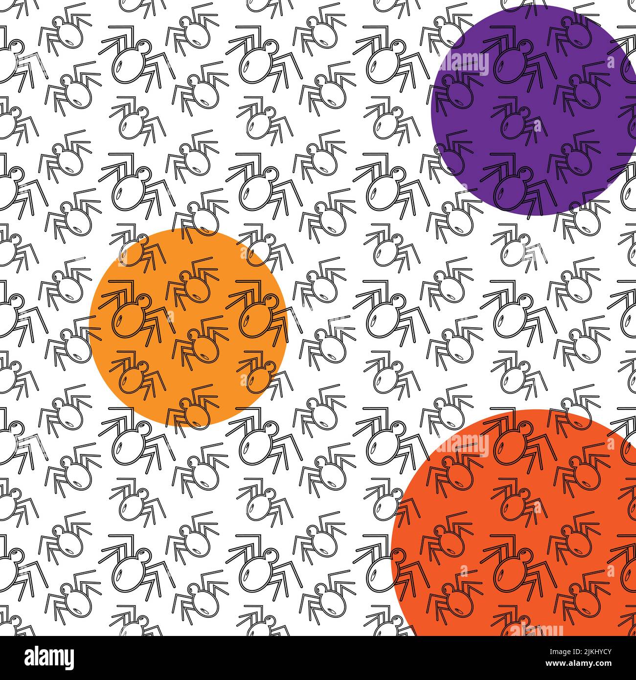 Seamless pattern of spiders with elements of contour drawing on the background of colored spots. Repeating texture. Sample. Fashion print design. Template for wrapping paper, poster, postcard, greeting card, price tag, banner. Lifestyle. Stock Vector