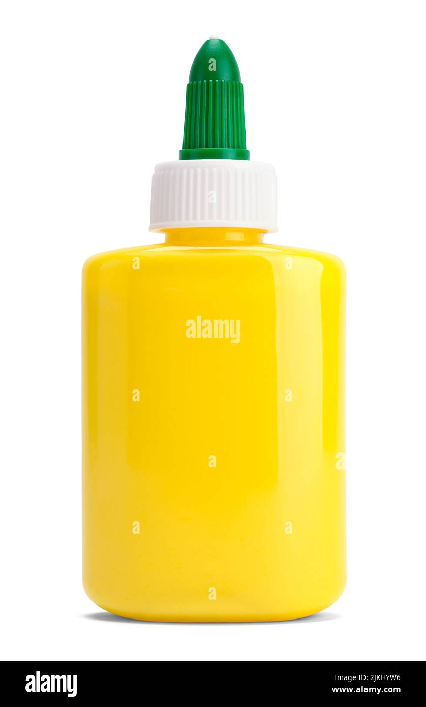Yellow Colored Glue Bottle Cut Out On White. Stock Photo