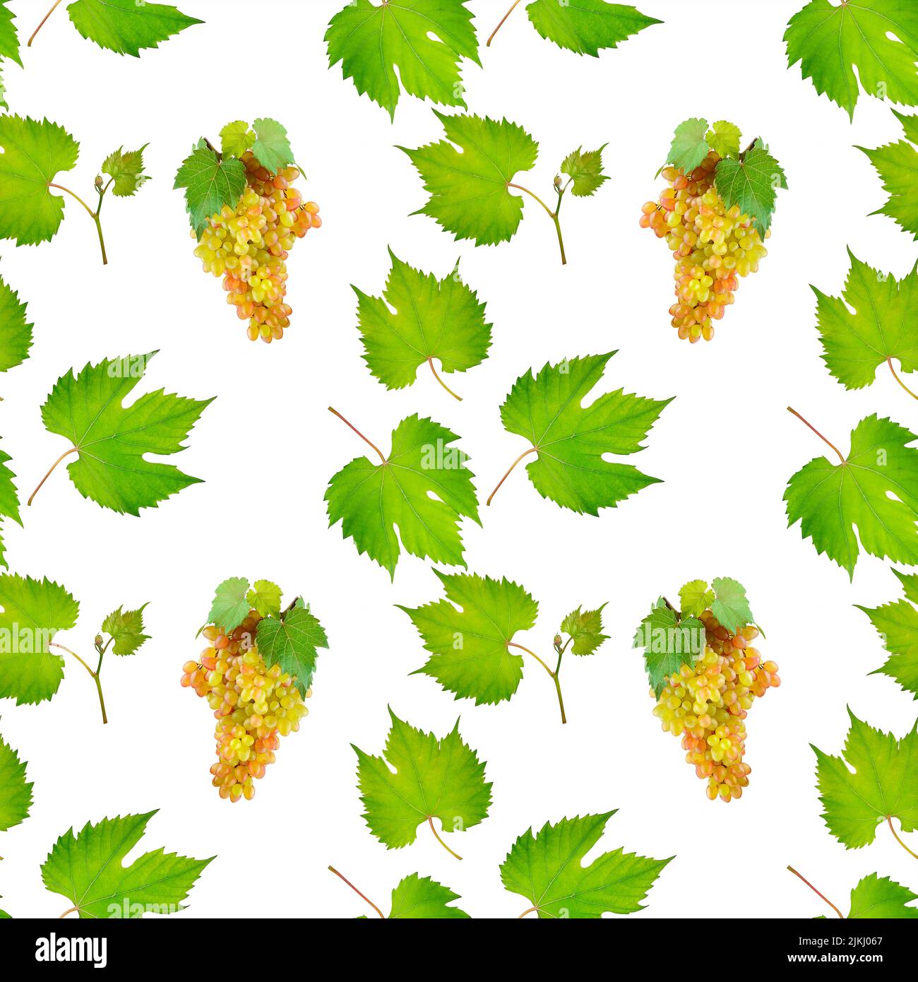 Bunches grapes and leaves isolated on white background. Seamless repeating pattern fruits. Stock Photo