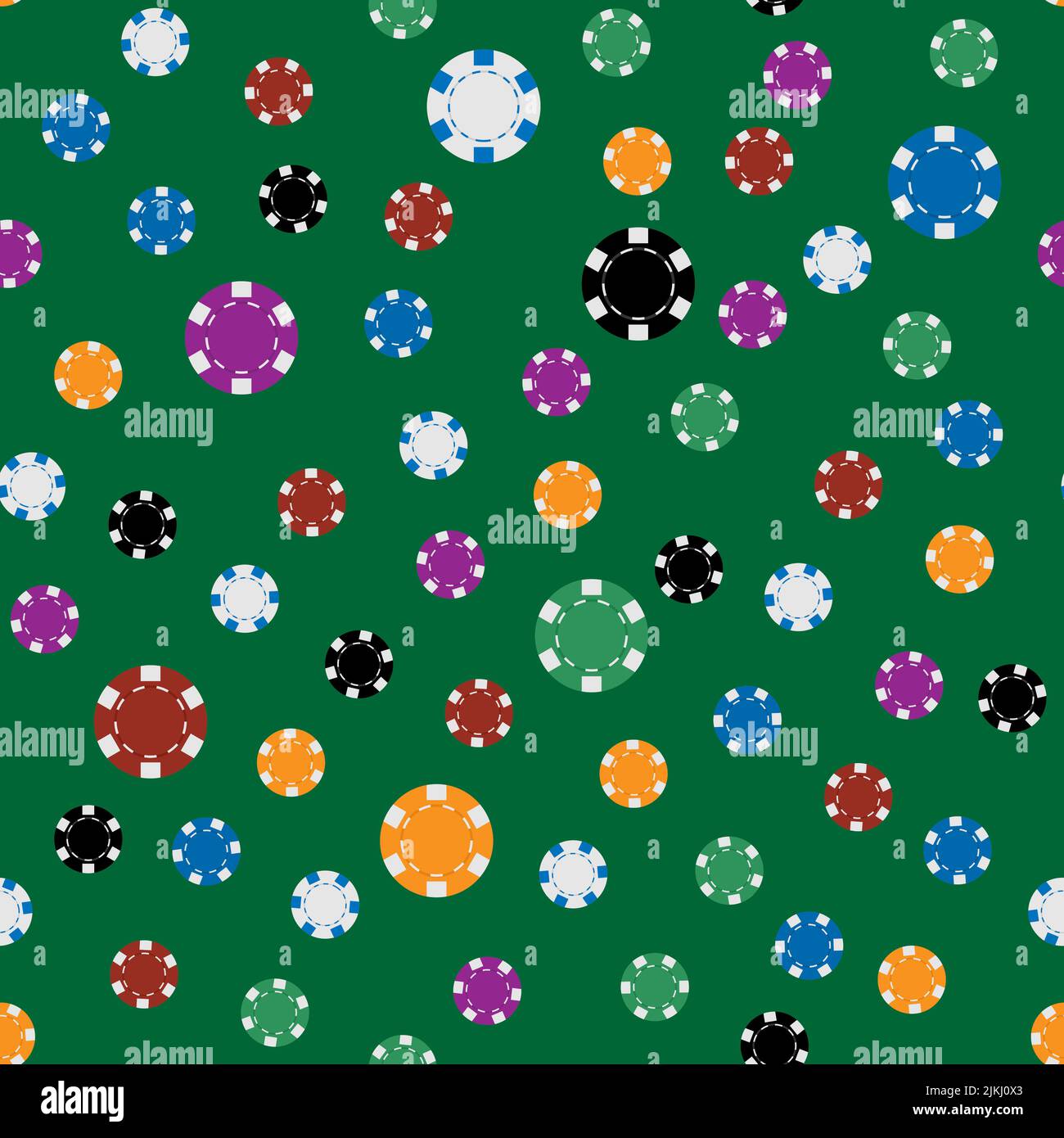 Vector bright casino chips on green table, seamless pattern Stock Vector