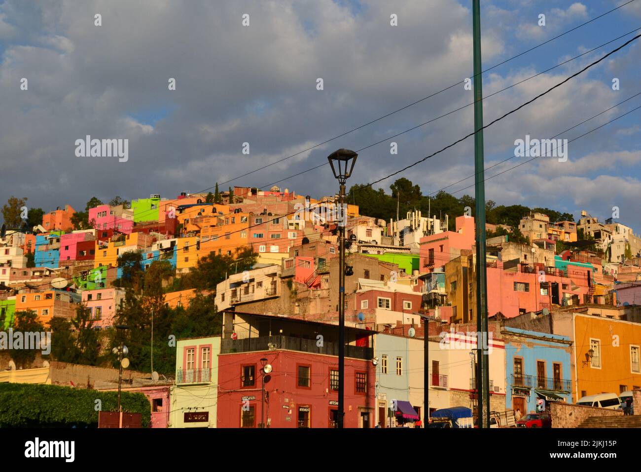 A beautiful scenery of the residential buildings during sunset of Guanajuato, Mexico Stock Photo