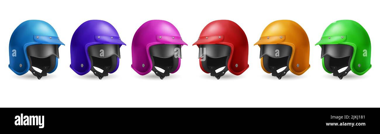 Motorcycle helmet for moto race and ride on scooter. Vector realistic set illustrations of 3d retro color helmets with visor and black glasses in angle view isolated on white background Stock Vector