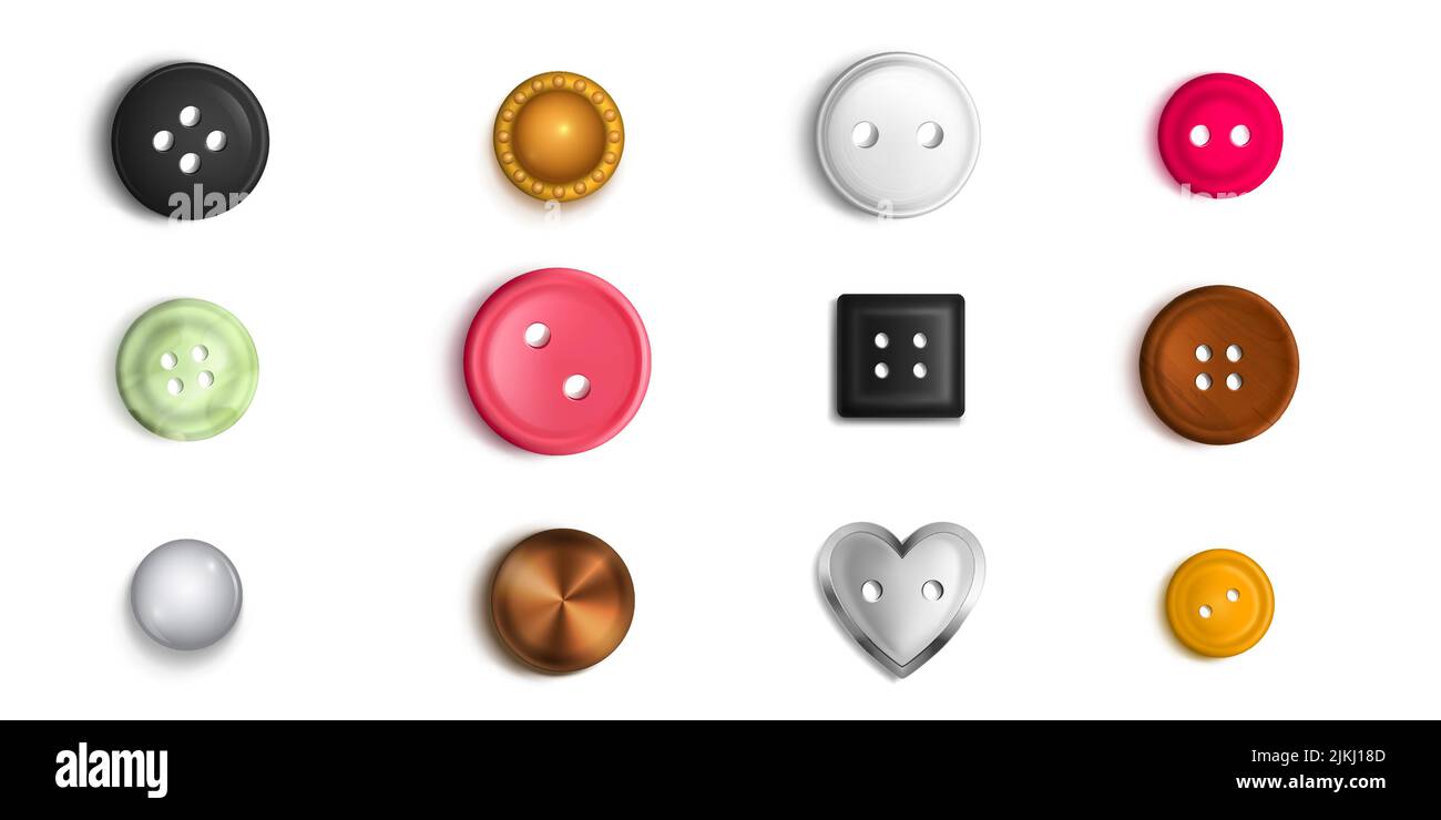 Sewing buttons with holes and solid design. Collection of multicolored