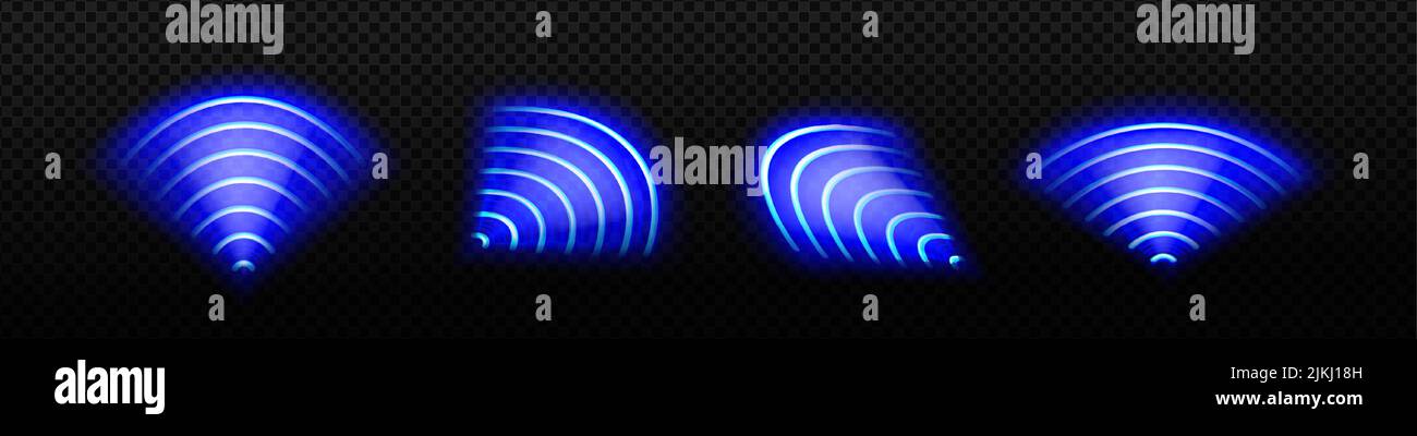 Wi-Fi light effect, blue neon signal sensor waves internet wireless connection. Radar sensing system, sonar, scanner, laser signs isolated on transparent background, Realistic 3d vector illustration Stock Vector