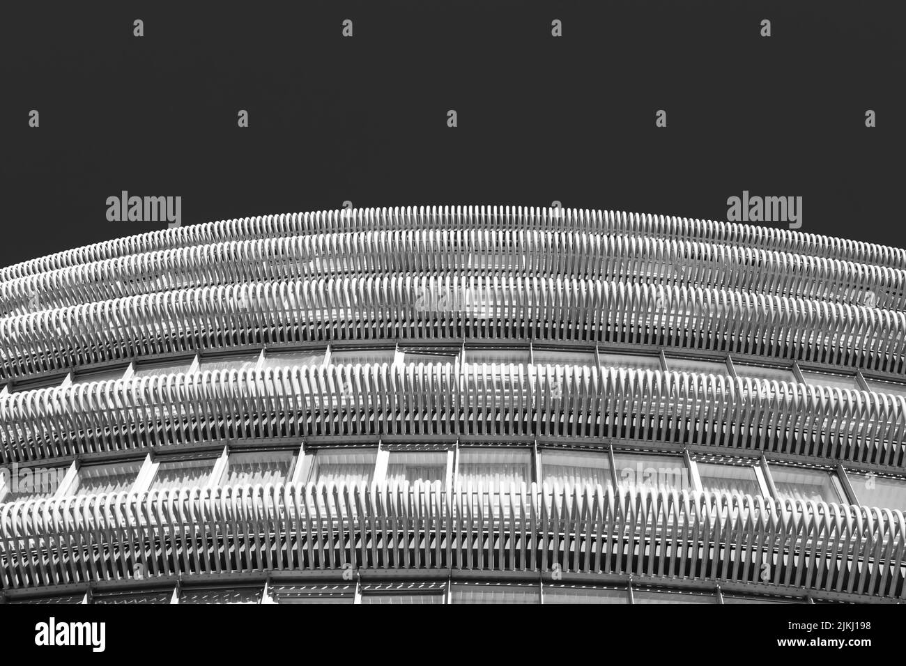 A low angle greyscale shot of San Mames, a football stadium in Rafael Moreno Pitxitxi Kalea, Spain Stock Photo