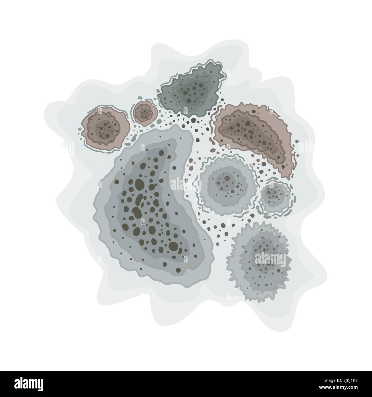 Black mold spots on dust white background. Fungus mildew. Vector illustration. Stock Vector