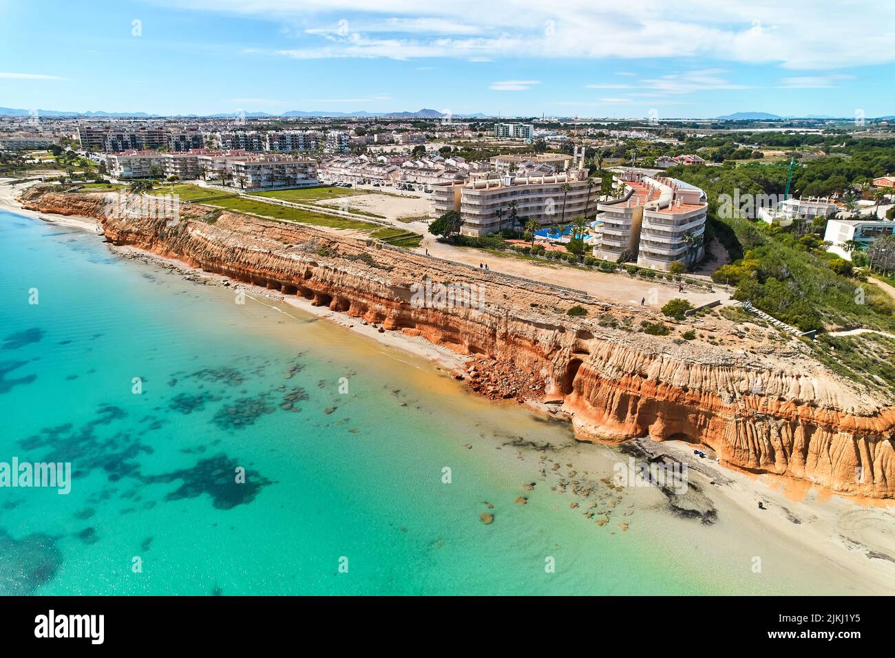 Drone point of view aerial shot Dehesa de Campoamor townscape panorama, spanish resort in Costa Blanca. Travel and tourism concept, Province of Alican Stock Photo