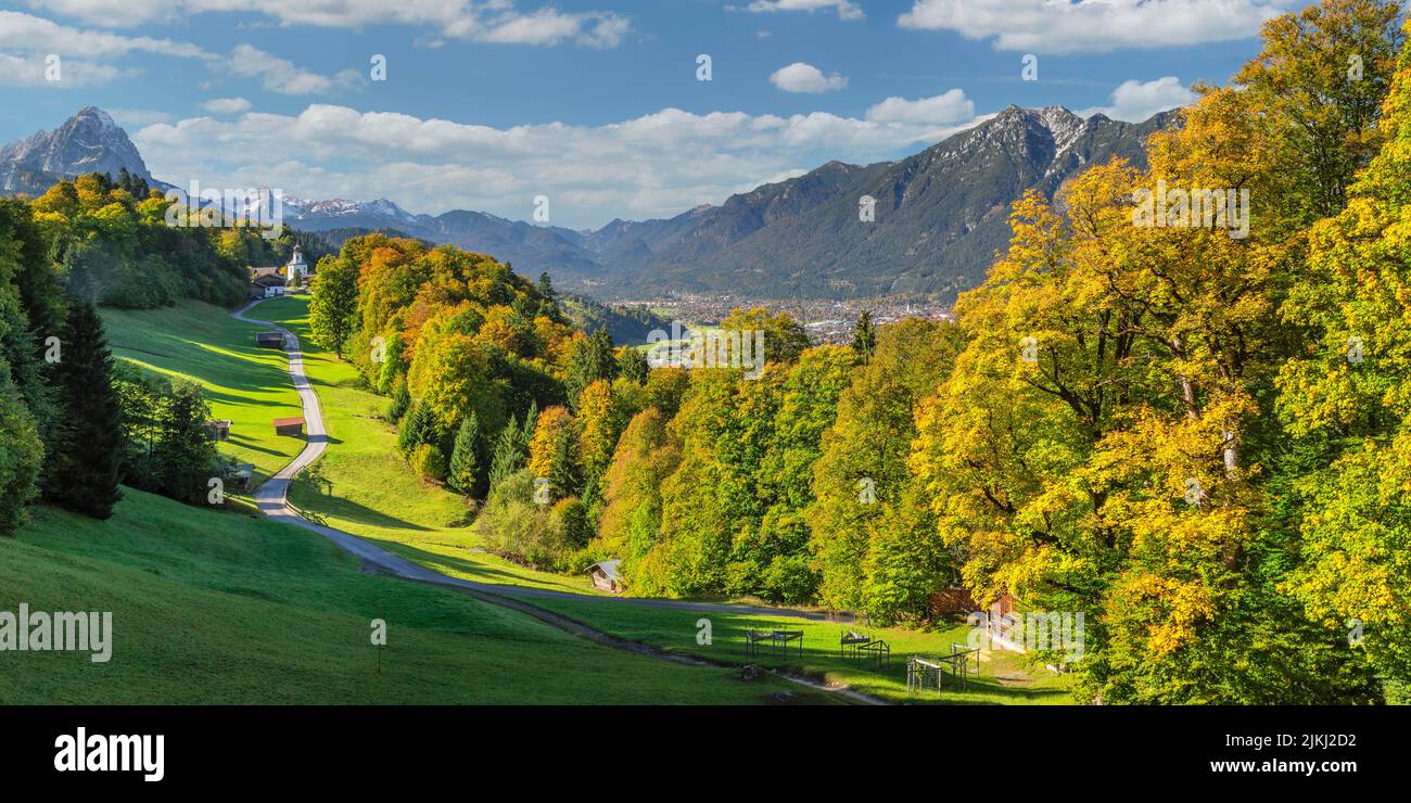 View from Wamberg towards Zugspitze (2962m) to Garmisch-Partenkirchen, Upper Bavaria, Bavaria, Germany Stock Photo