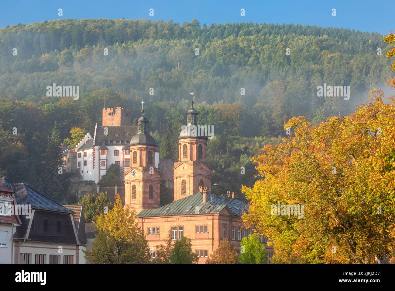 Mildenburg with parish church St. Jakobus, Miltenberg, Bavaria, Franconia, Germany Stock Photo