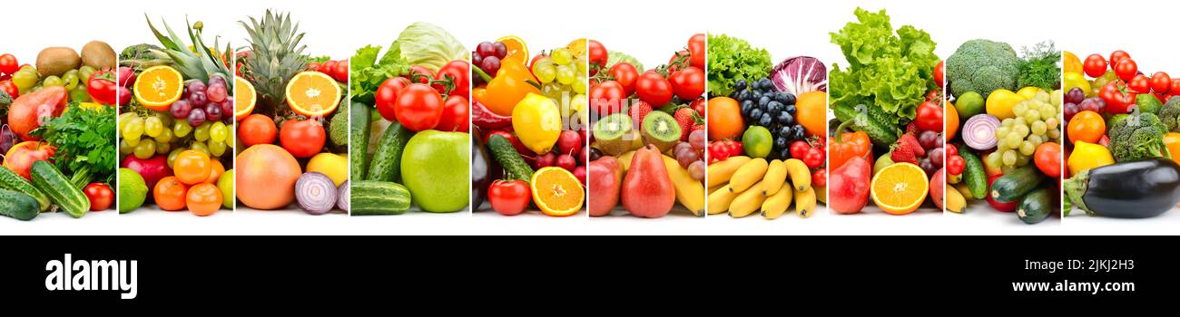 Vegetarian fruits and vegetables separated by vertical lines. Isolated on white. Stock Photo