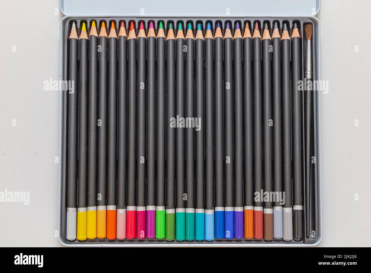 Colored Wooden Pencils Artist Set in Box Stock Photo